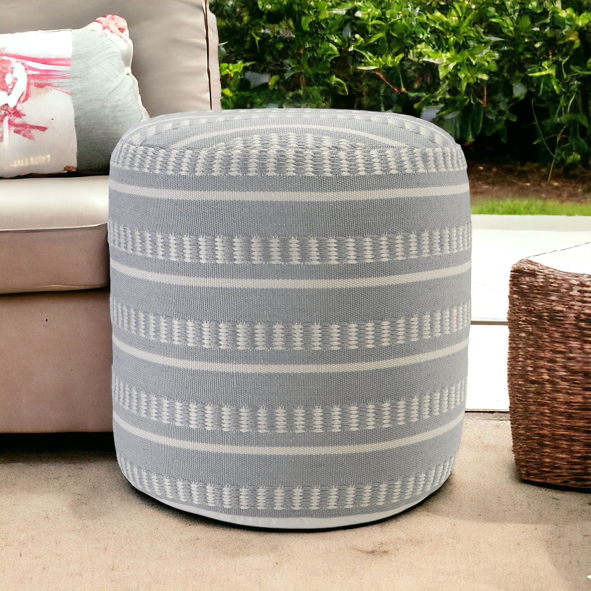 20" Green Polyester Round Striped Indoor Outdoor Pouf Ottoman