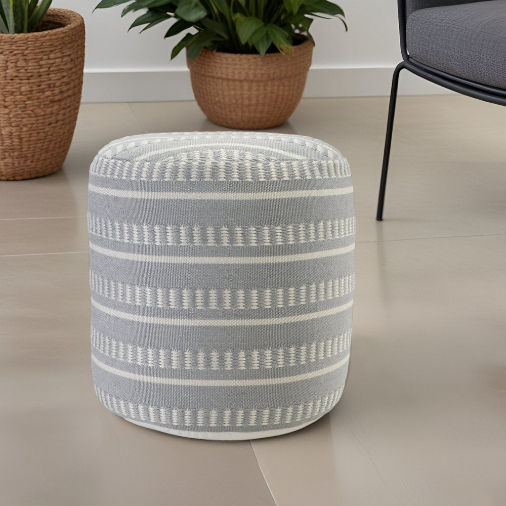 20" Green Polyester Round Striped Indoor Outdoor Pouf Ottoman