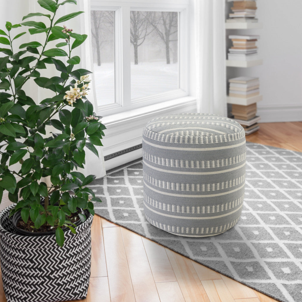 20" Green Polyester Round Striped Indoor Outdoor Pouf Ottoman