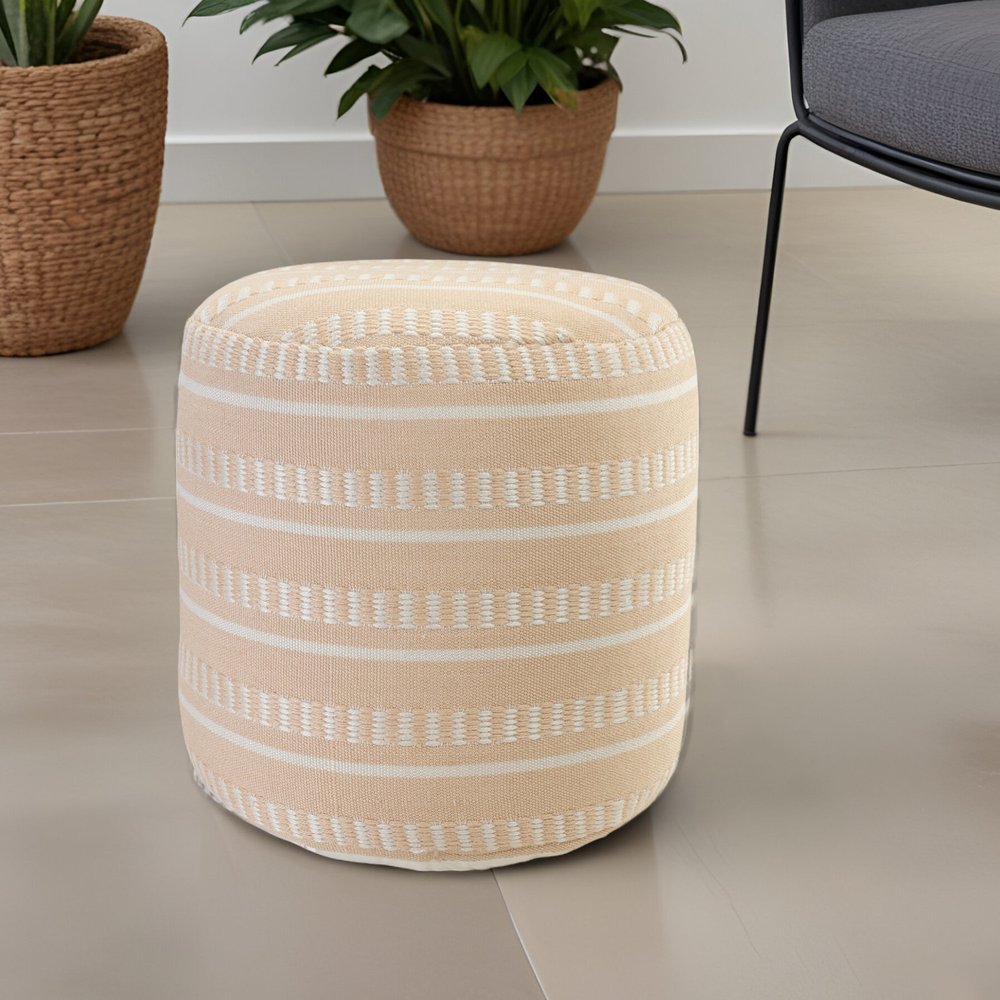 20" Green Polyester Round Striped Indoor Outdoor Pouf Ottoman