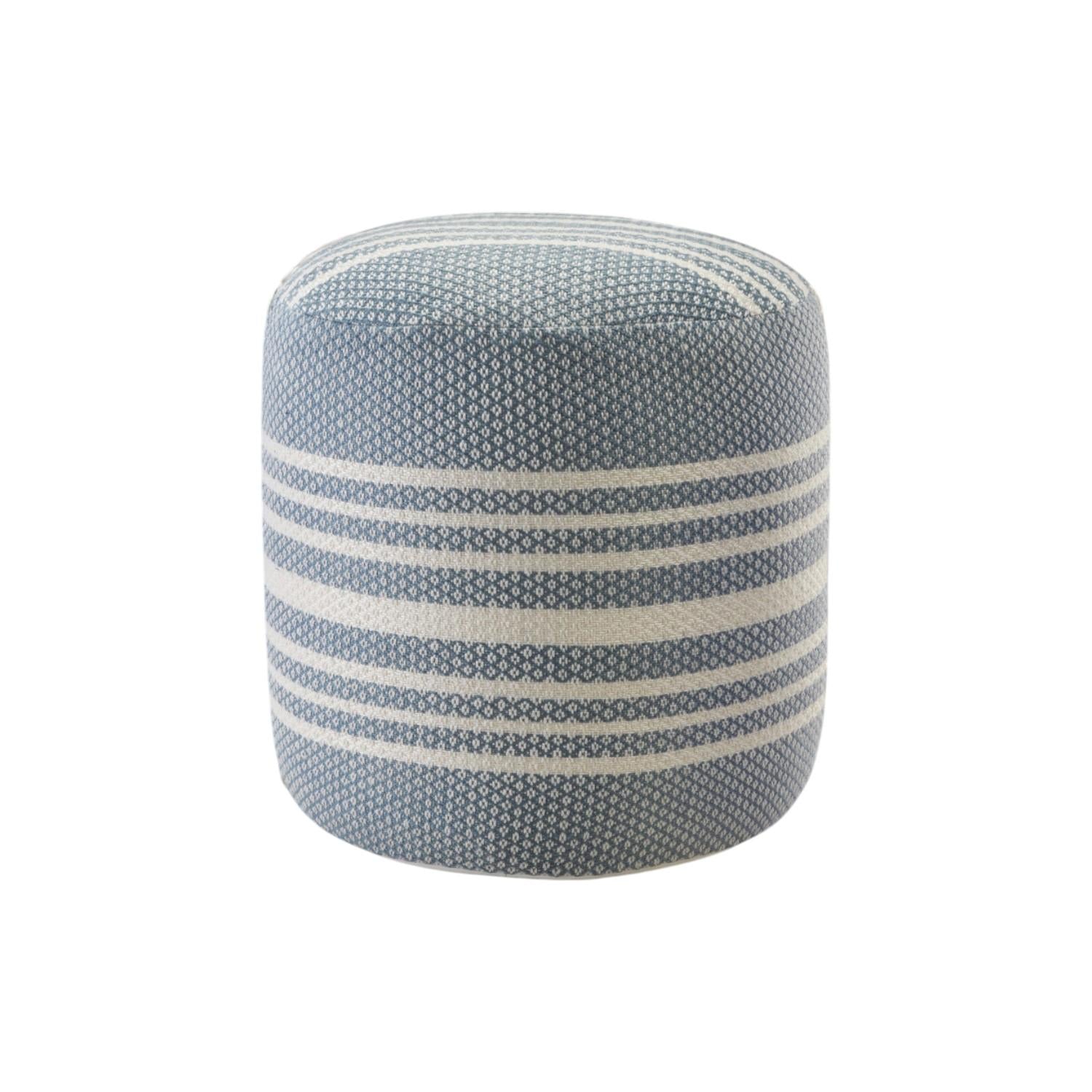 20" Blue Polyester Round Striped Indoor Outdoor Pouf Ottoman