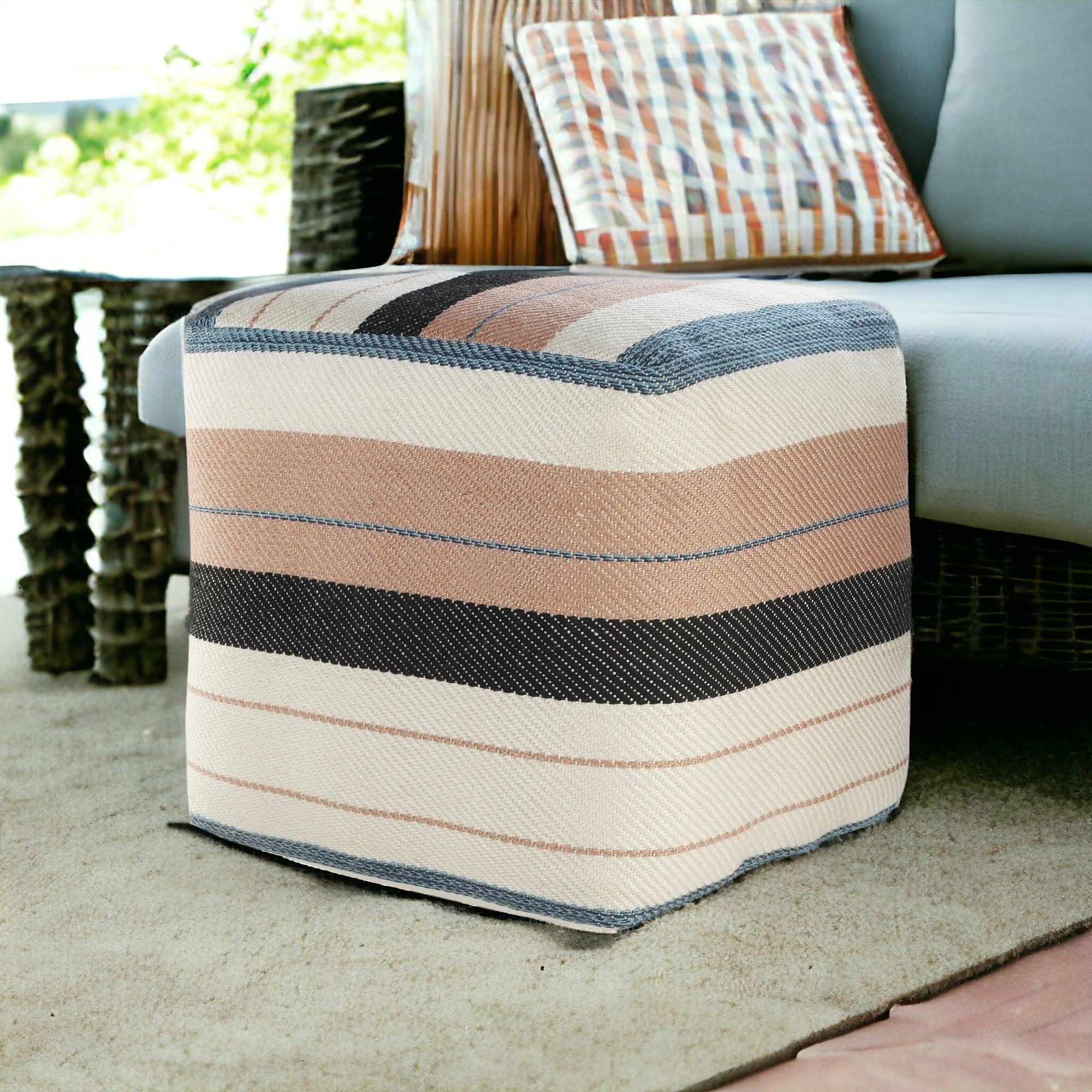 20" White Polyester Striped Indoor Outdoor Pouf Ottoman