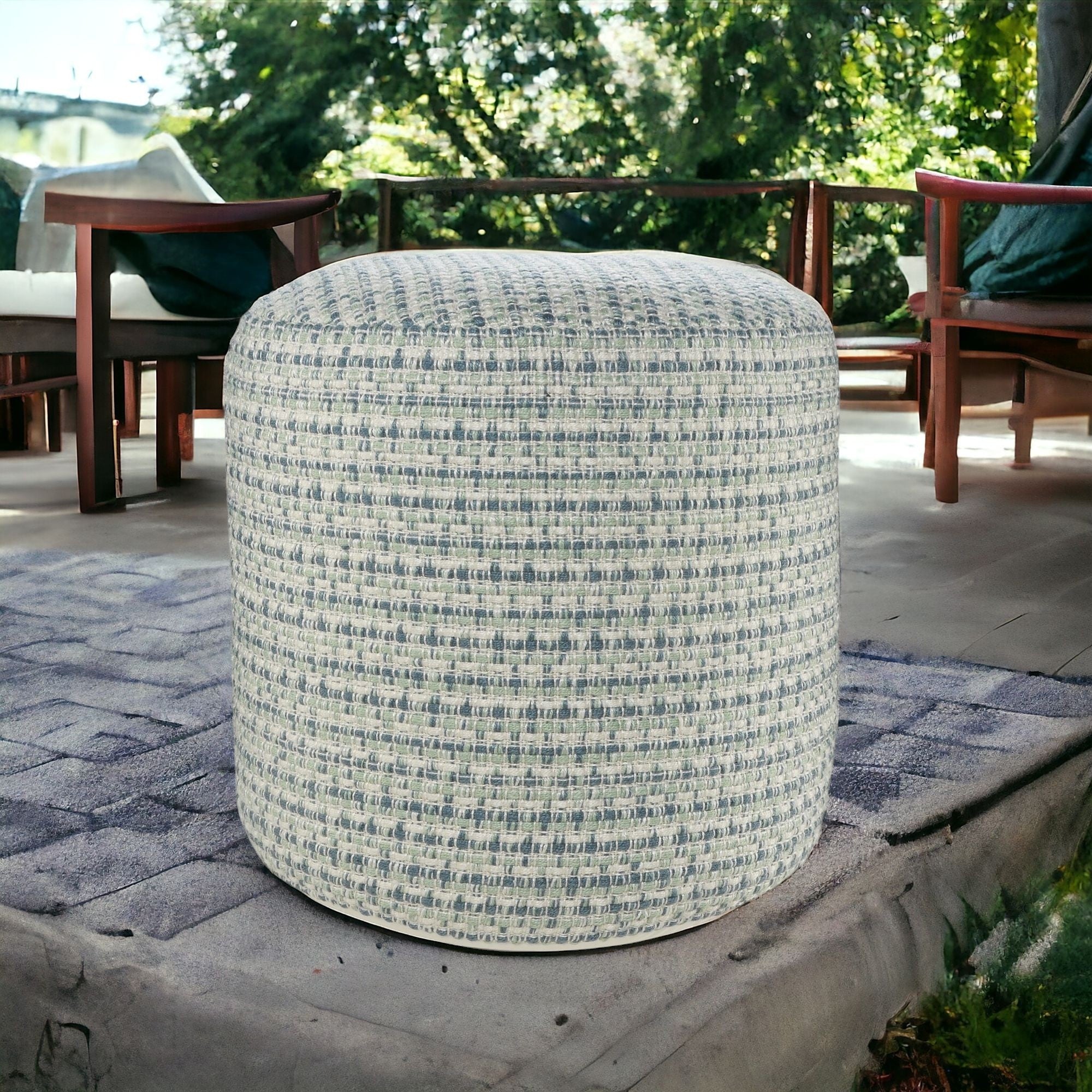 20" Blue Polyester Round Geometric Indoor Outdoor Pouf Ottoman