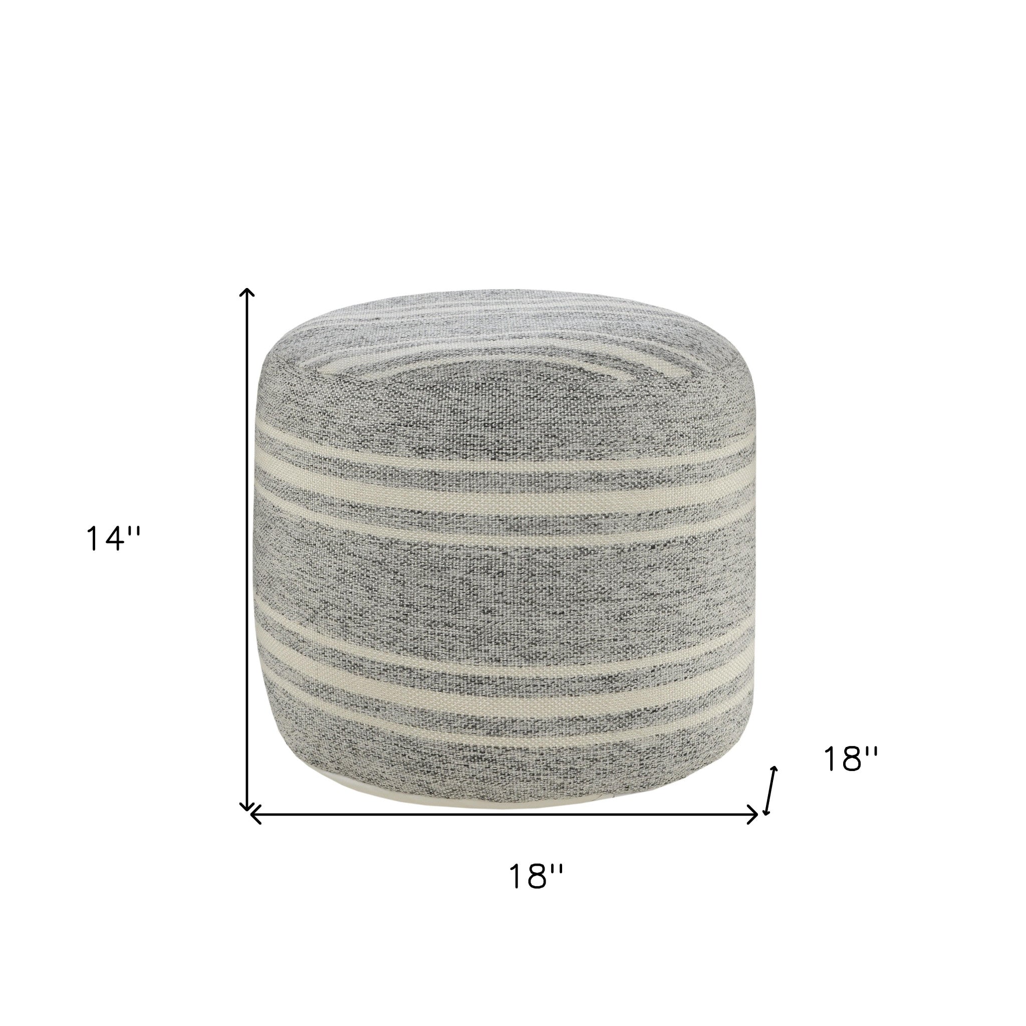 18" Gray Polyester Round Striped Indoor Outdoor Pouf Ottoman
