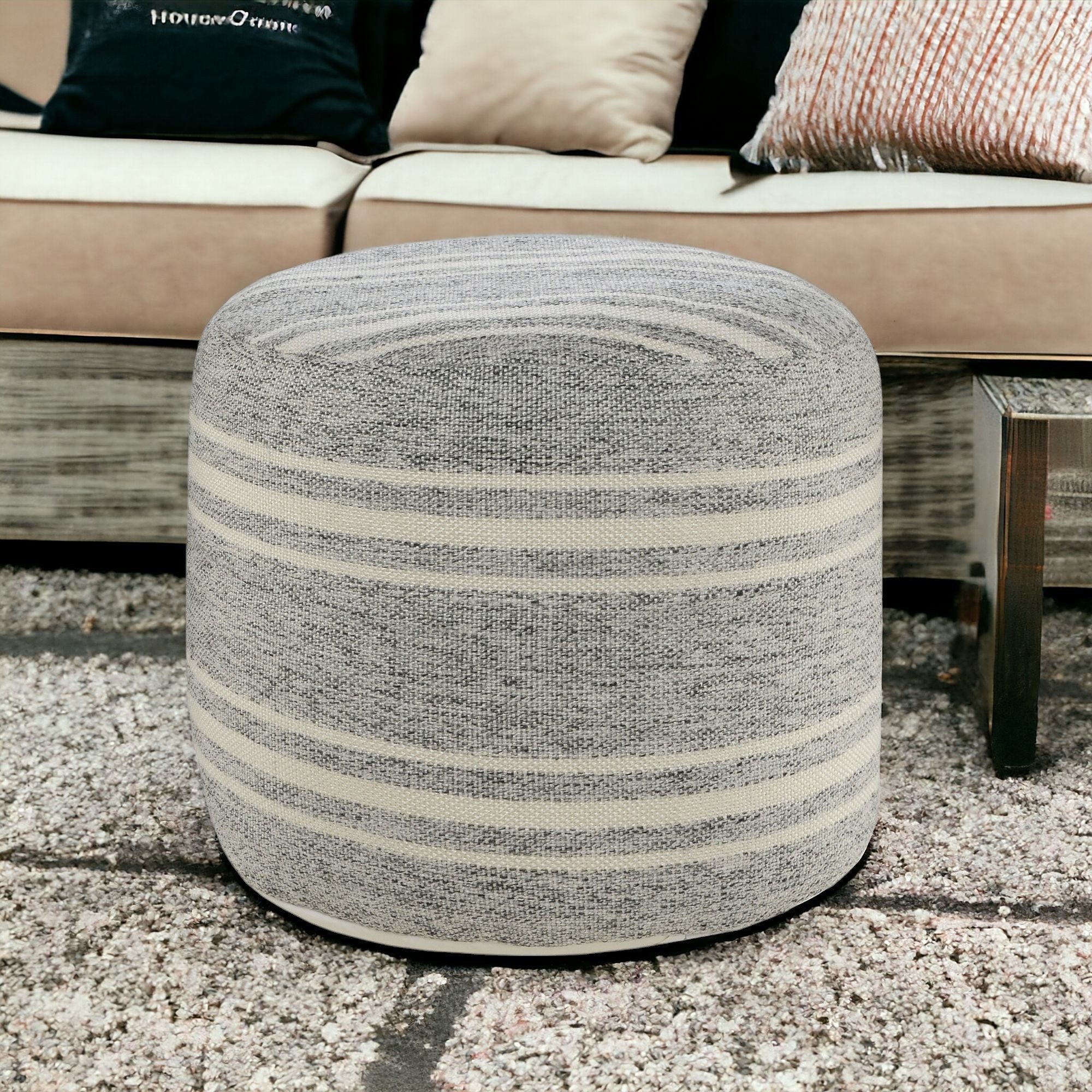 18" Gray Polyester Round Striped Indoor Outdoor Pouf Ottoman