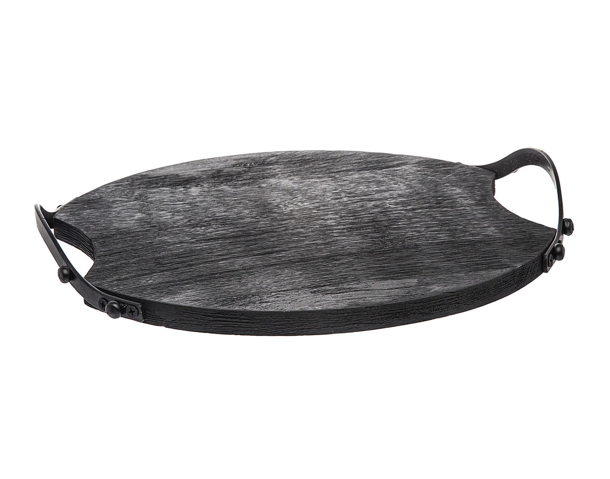 13" Black Round Wood and Metal Serving Tray With Handles