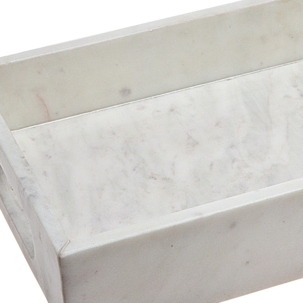16" White Rectangular Marble Serving Tray With Handles