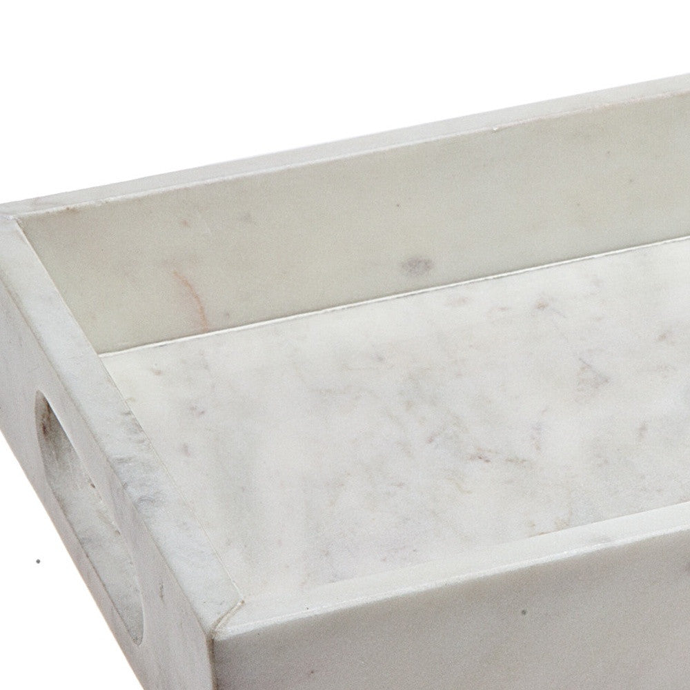 14" White Rectangular Marble Serving Tray With Handles
