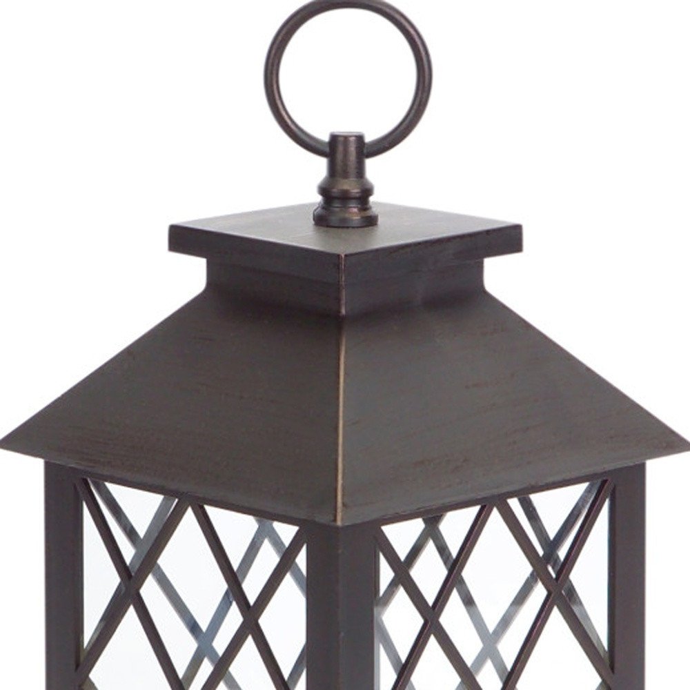 Set of Three Dark Brown Distressed Ornate Glass And Plastic Floor Lantern Candle Holders With Candle