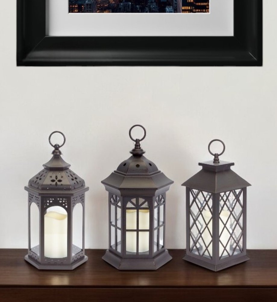 Set of Three Dark Brown Distressed Ornate Glass And Plastic Floor Lantern Candle Holders With Candle