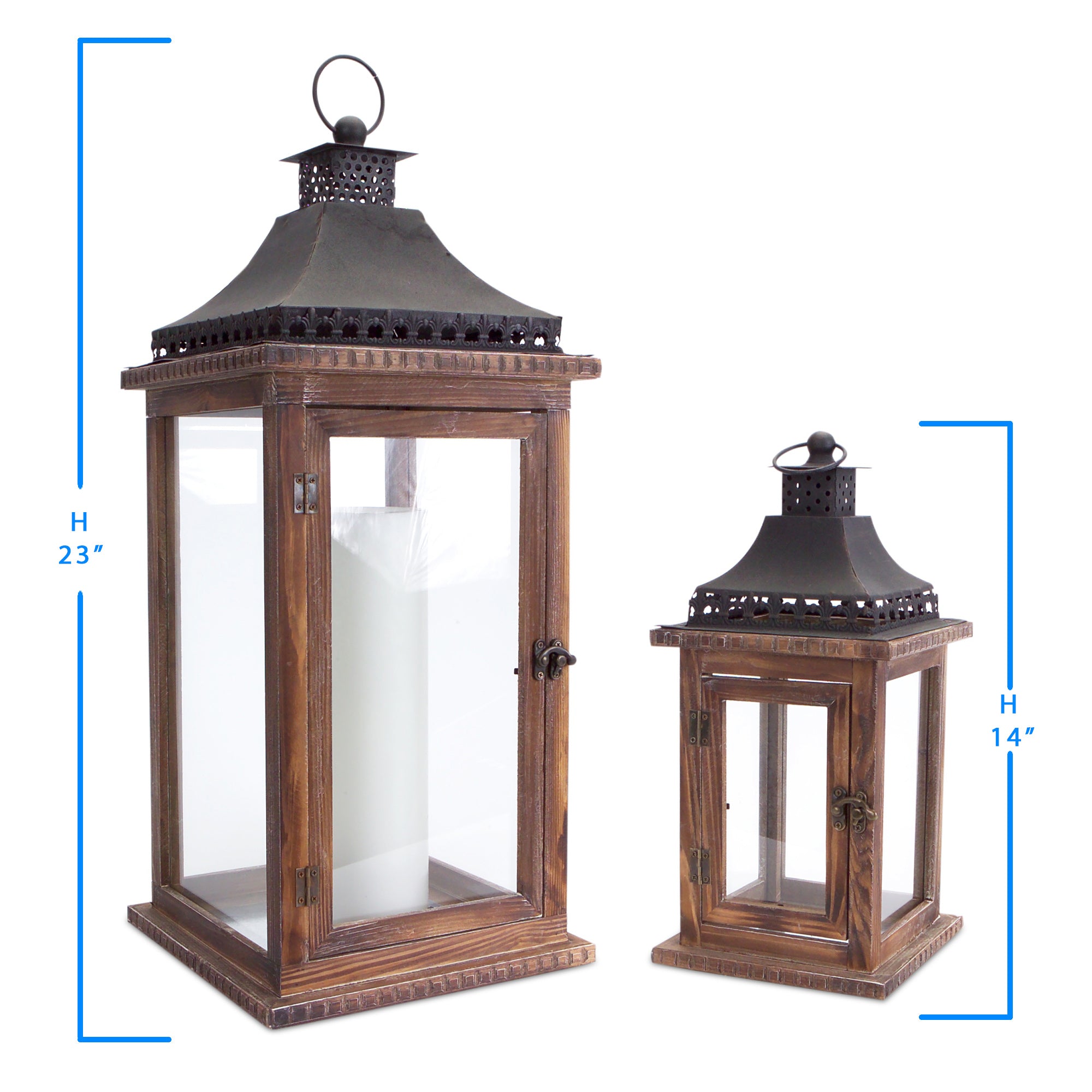 Set of Two Natural Iron Mirrored Floor Lantern Candle Holders