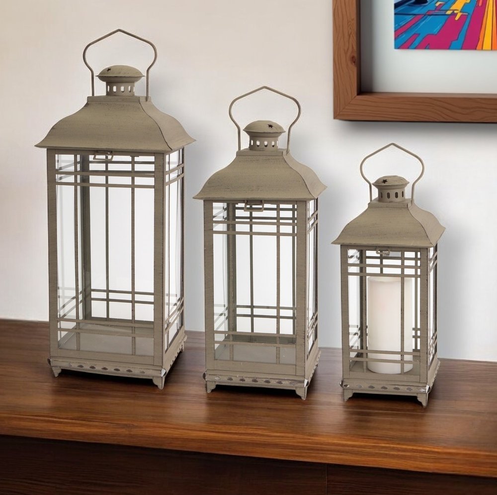 Set of Three Brown Distressed Geometric Glass And Metal Floor Lantern Candle Holders