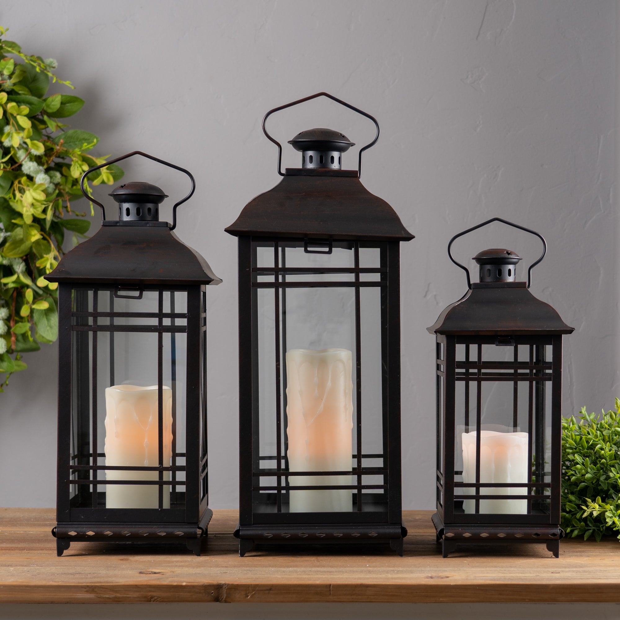 Set of Three Black Glass and Metal Geometric Floor Lantern Candle Holders