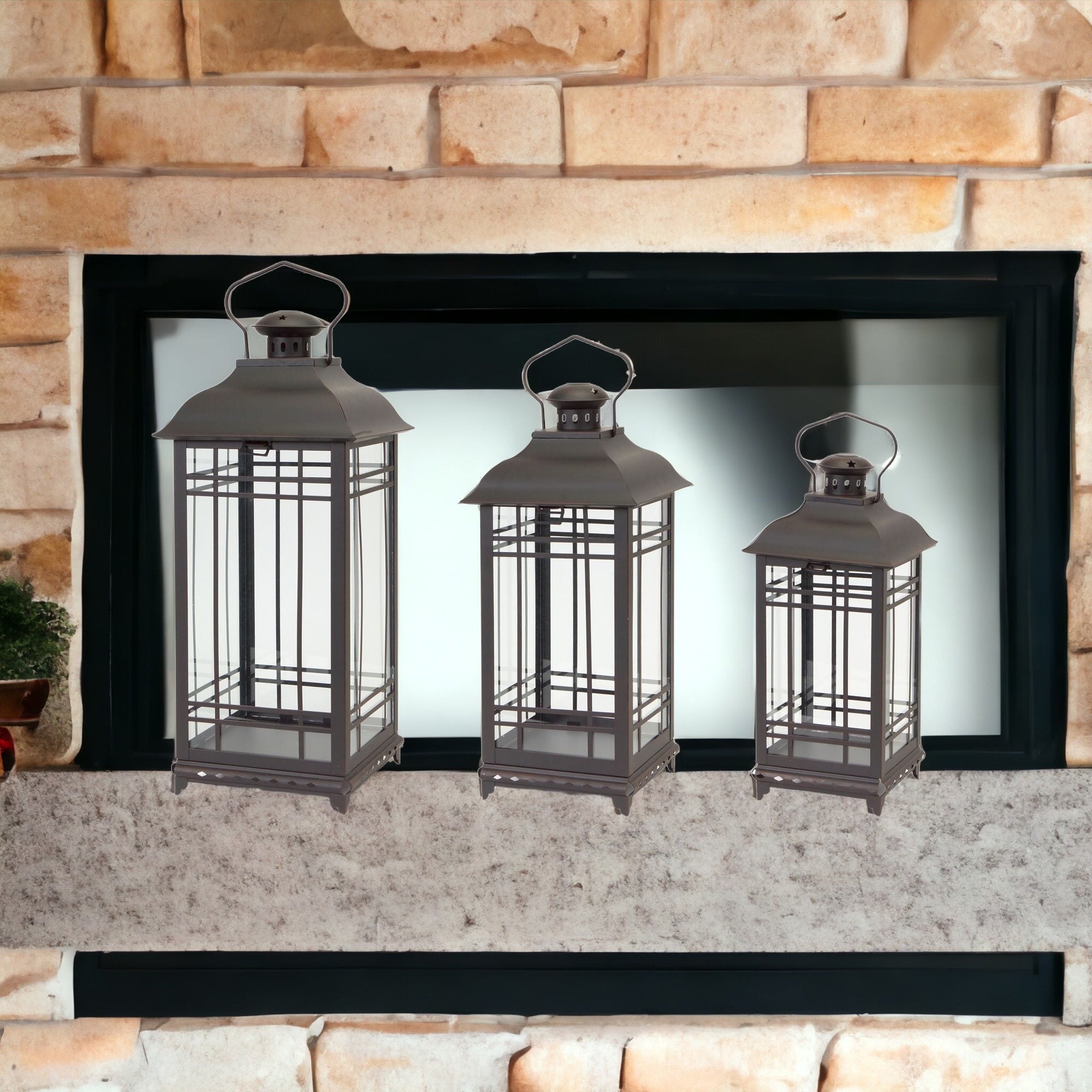 Set of Three Black Glass and Metal Geometric Floor Lantern Candle Holders