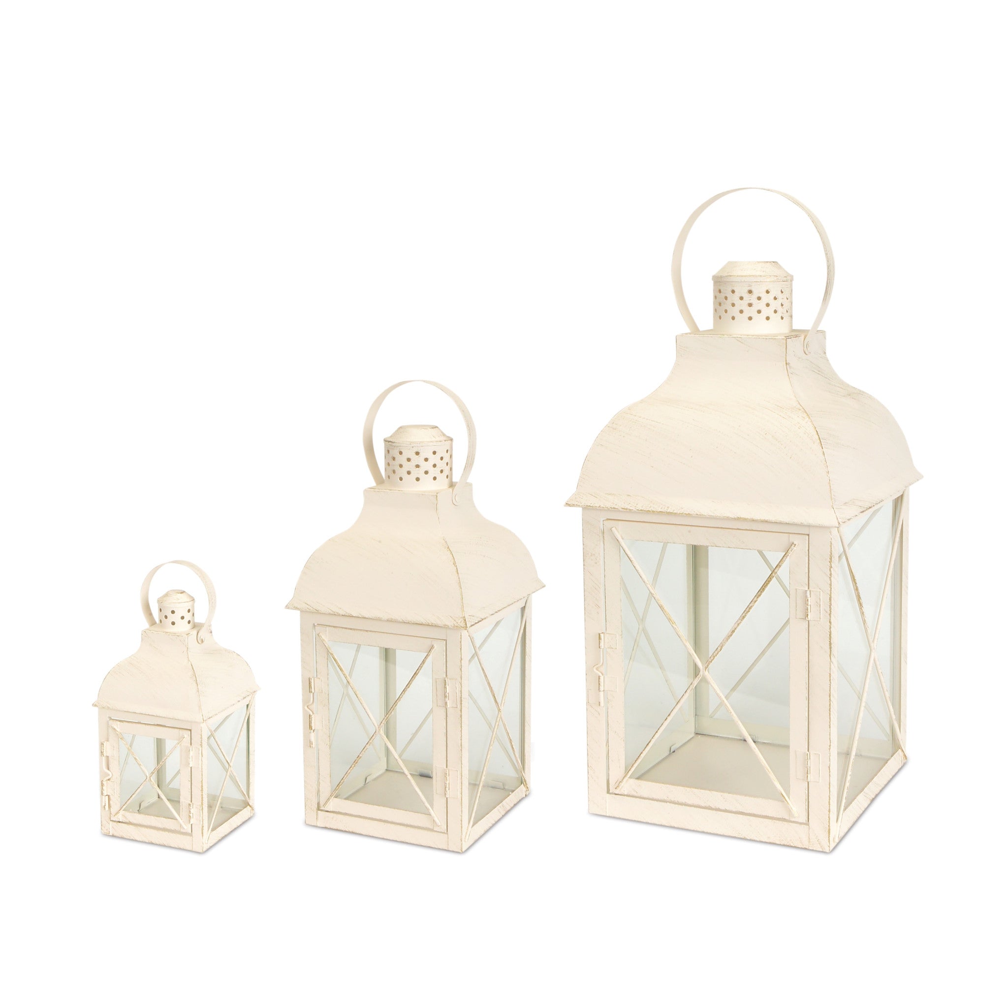 Set of Three Ivory Glass and Metal Geometric Floor Lantern Candle Holders