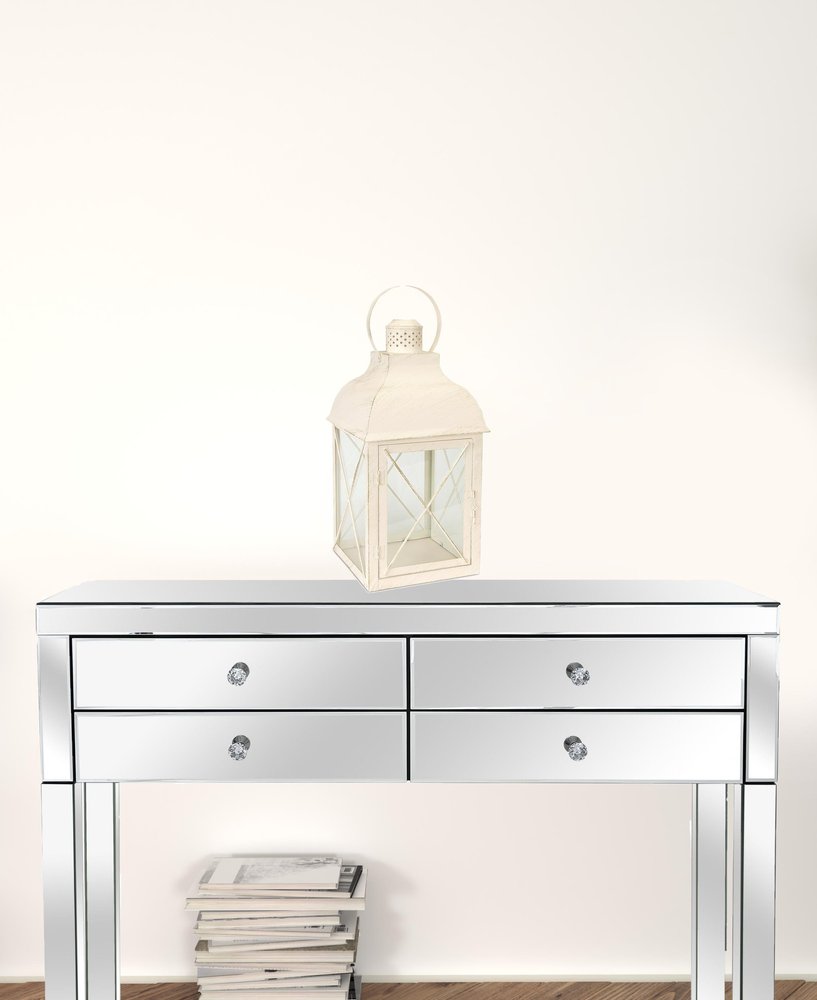 Set of Three Ivory Distressed Geometric Glass And Metal Floor Lantern Candle Holders