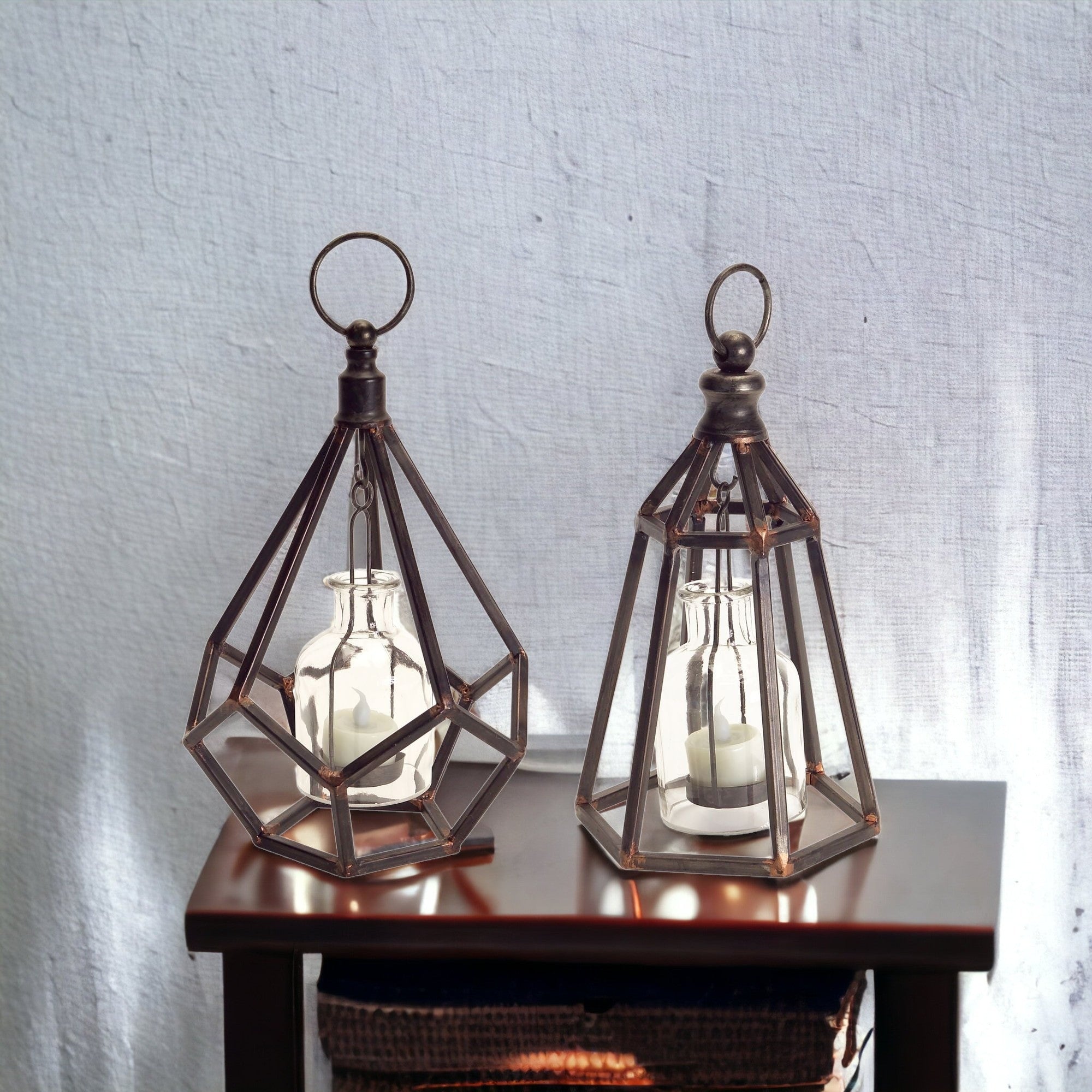 Set of Two Black Metal Geometric Tabletop Tealight Candle Holders