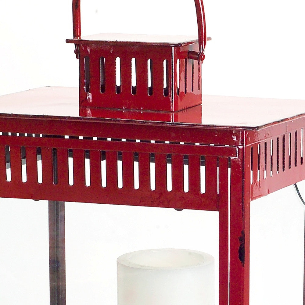 Set of Two Red Metal Ornate Floor Lantern Candle Holders