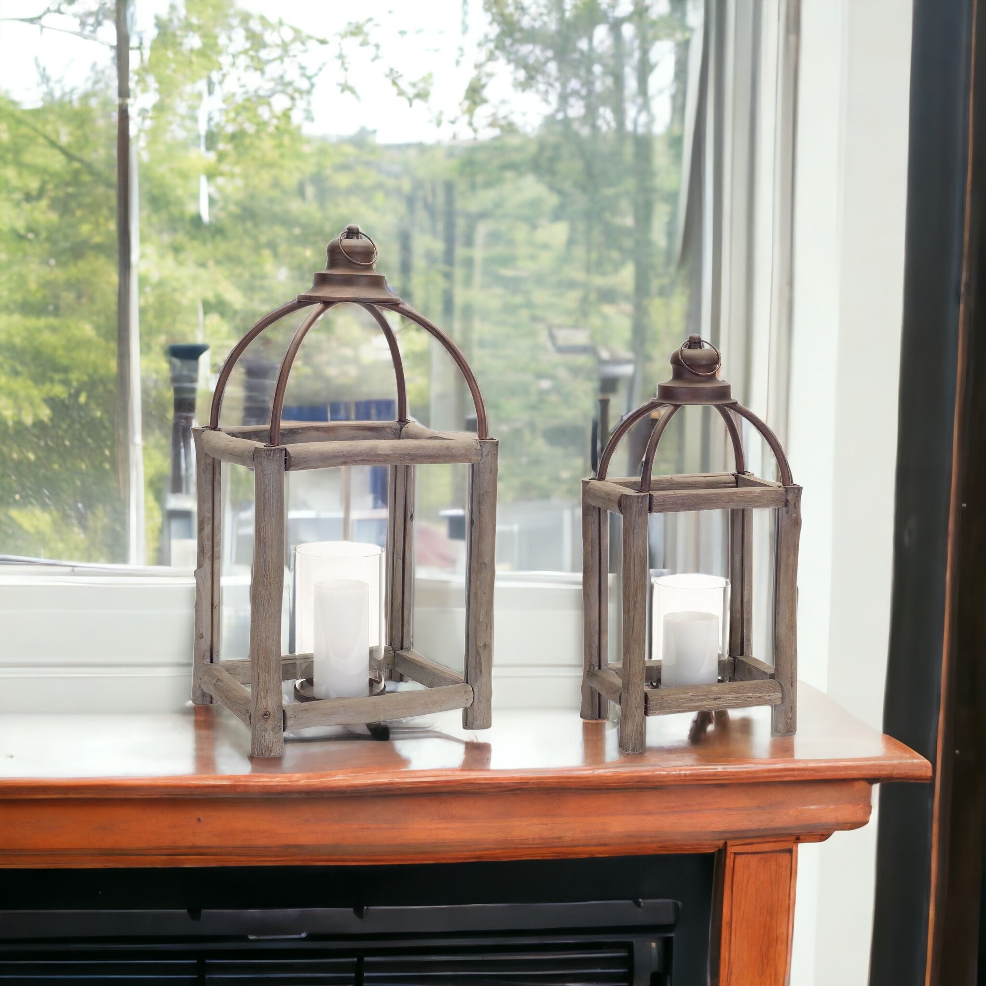 Set of Two Natural and Gray Glass Wood and Metal Geometric Floor Lantern Candle Holders