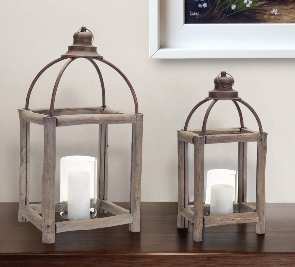 Set of Two Natural And Gray Geometric Glass Wood And Metal Floor Lantern Candle Holders