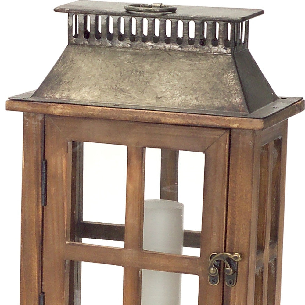 Set of Two Brown and Silver Wood and Metal Geometric Floor Lantern Candle Holders