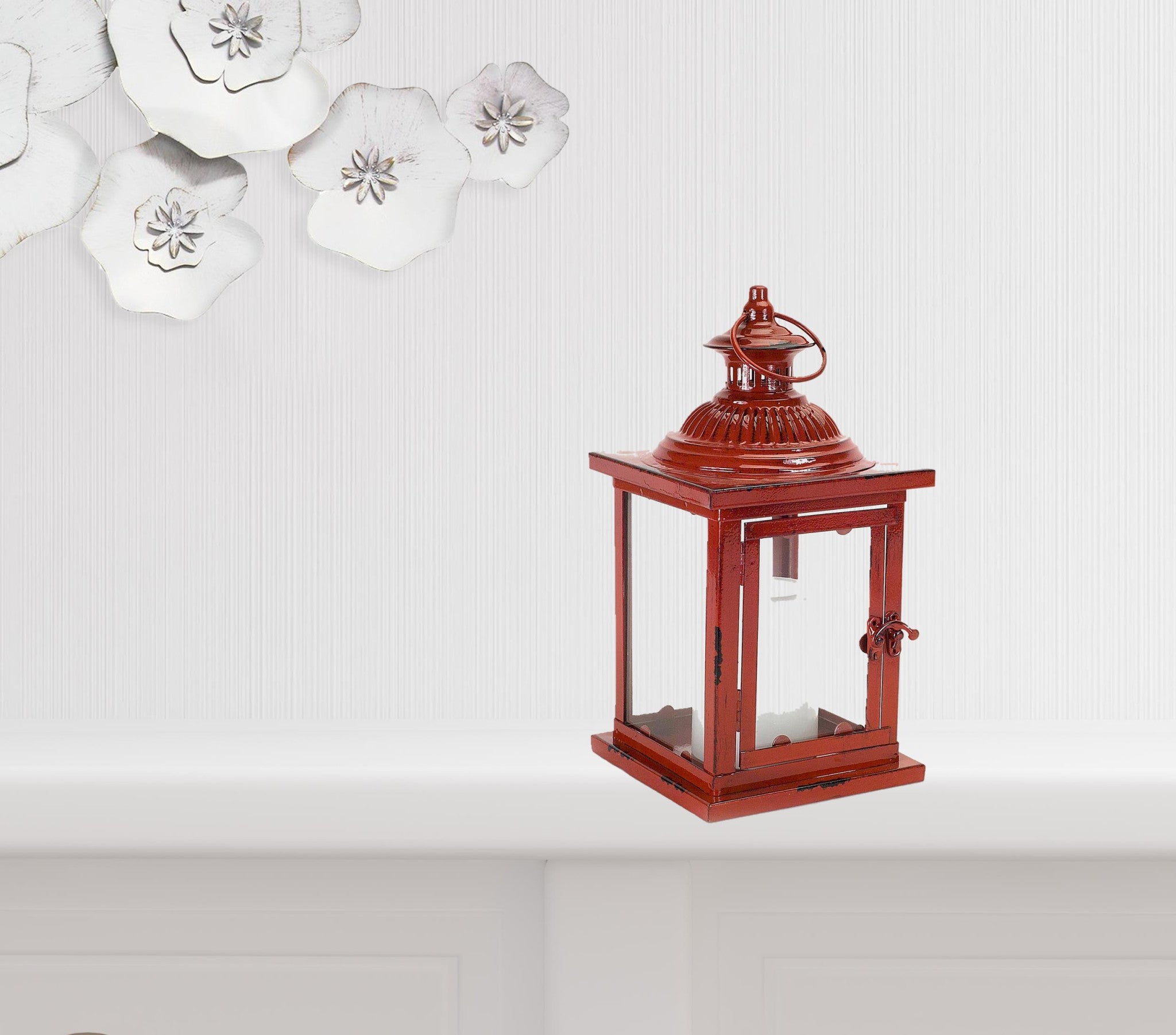 Set of Two Red Glass and Metal Geometric Floor Lantern Candle Holders