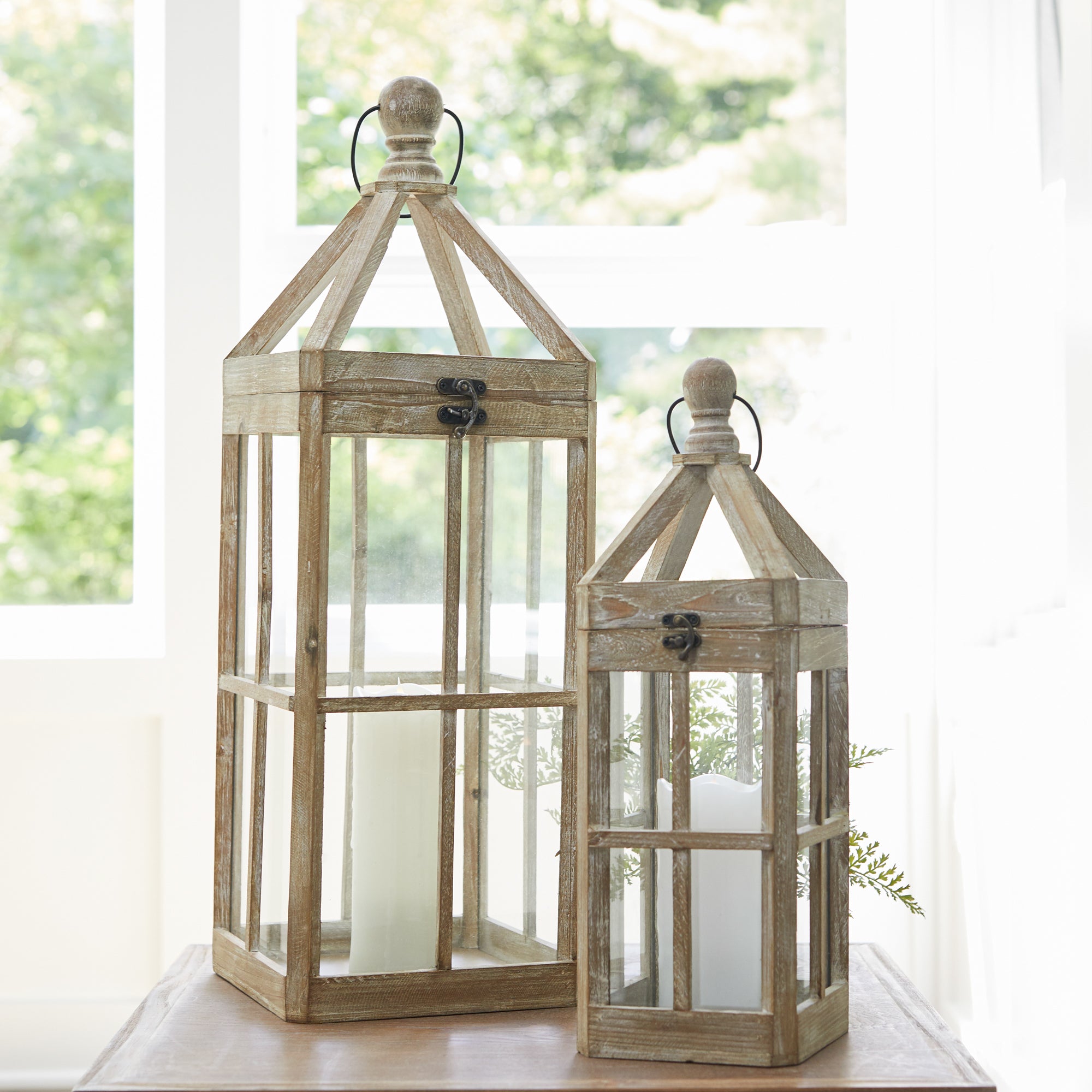 Set of Two Natural and Clear Wood and Glass Floor Lantern Candle Holders