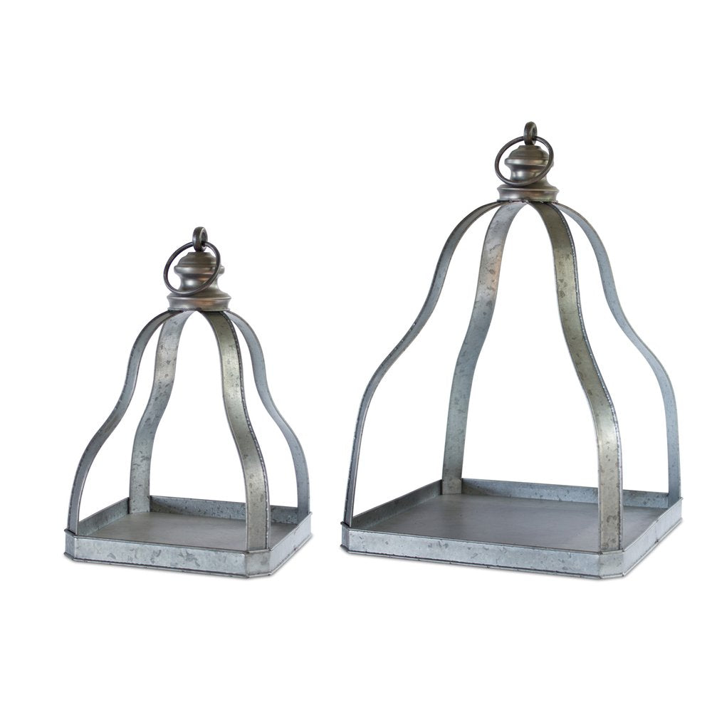 Set of Two Gray Distressed Galvanized Metal Tabletop Lantern Candle Holders