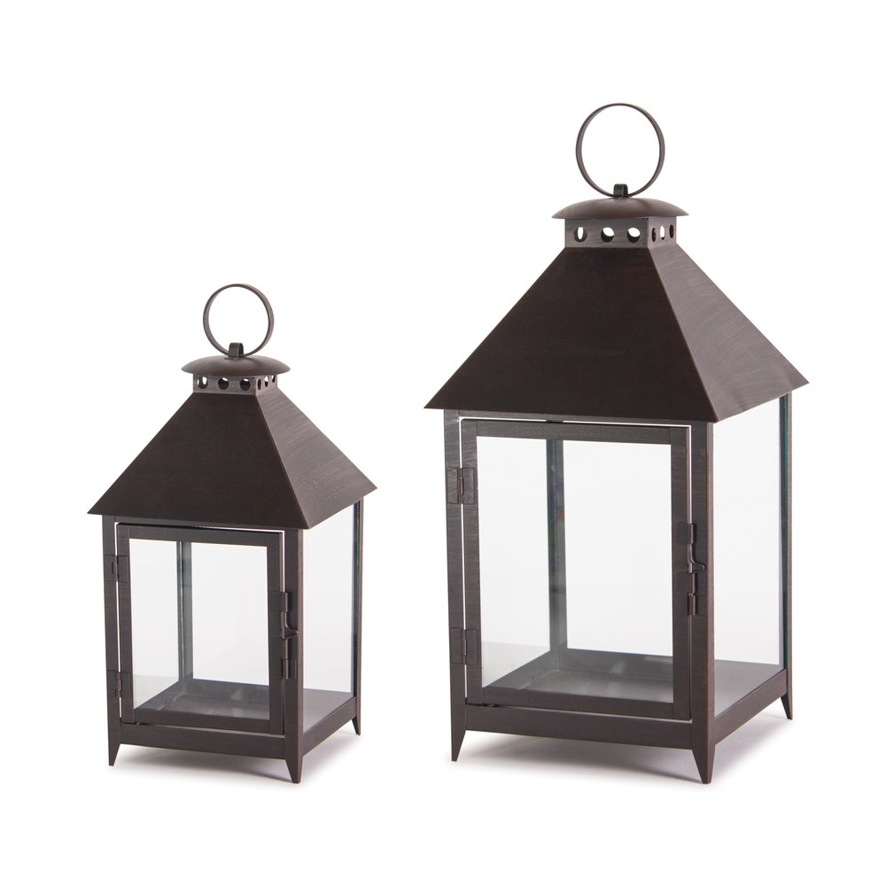 Set of Two Black Geometric Iron And Glass Floor Lantern Candle Holders