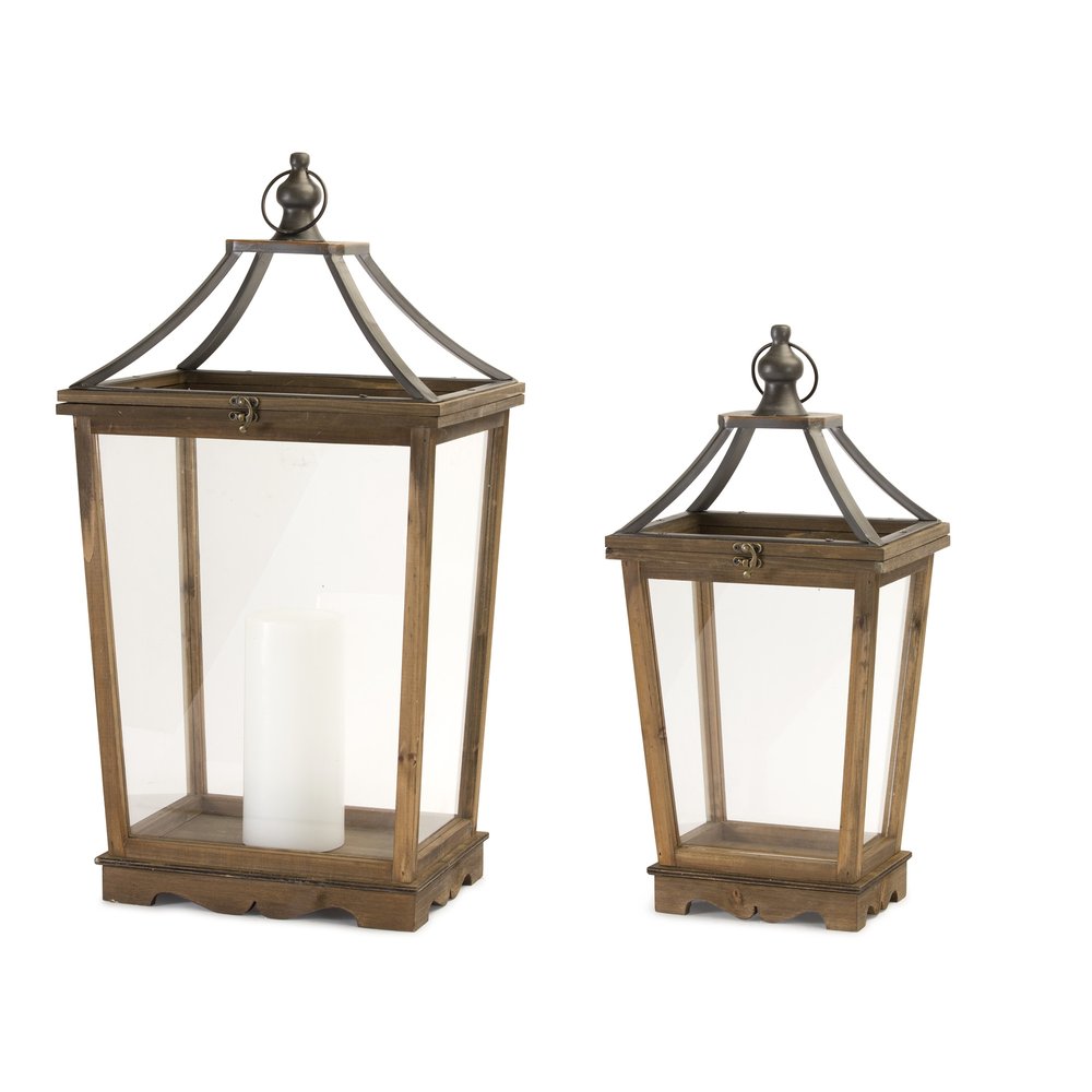 Set of Two Brown Distressed Geometric Wood And Metal Floor Lantern Candle Holders