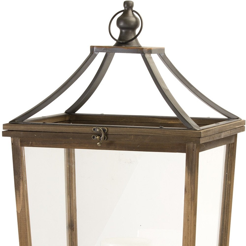 Set of Two Brown Distressed Geometric Wood And Metal Floor Lantern Candle Holders