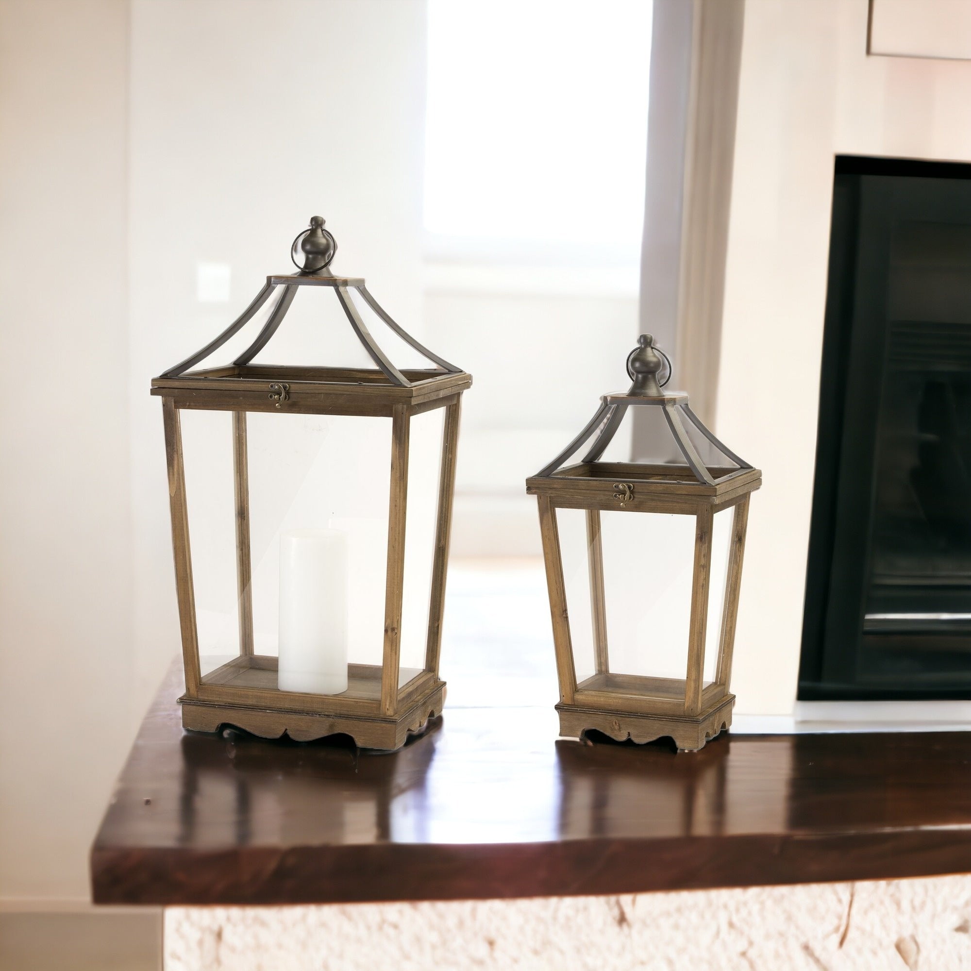Set Of Two Brown Flameless Floor Lantern Candle Holder