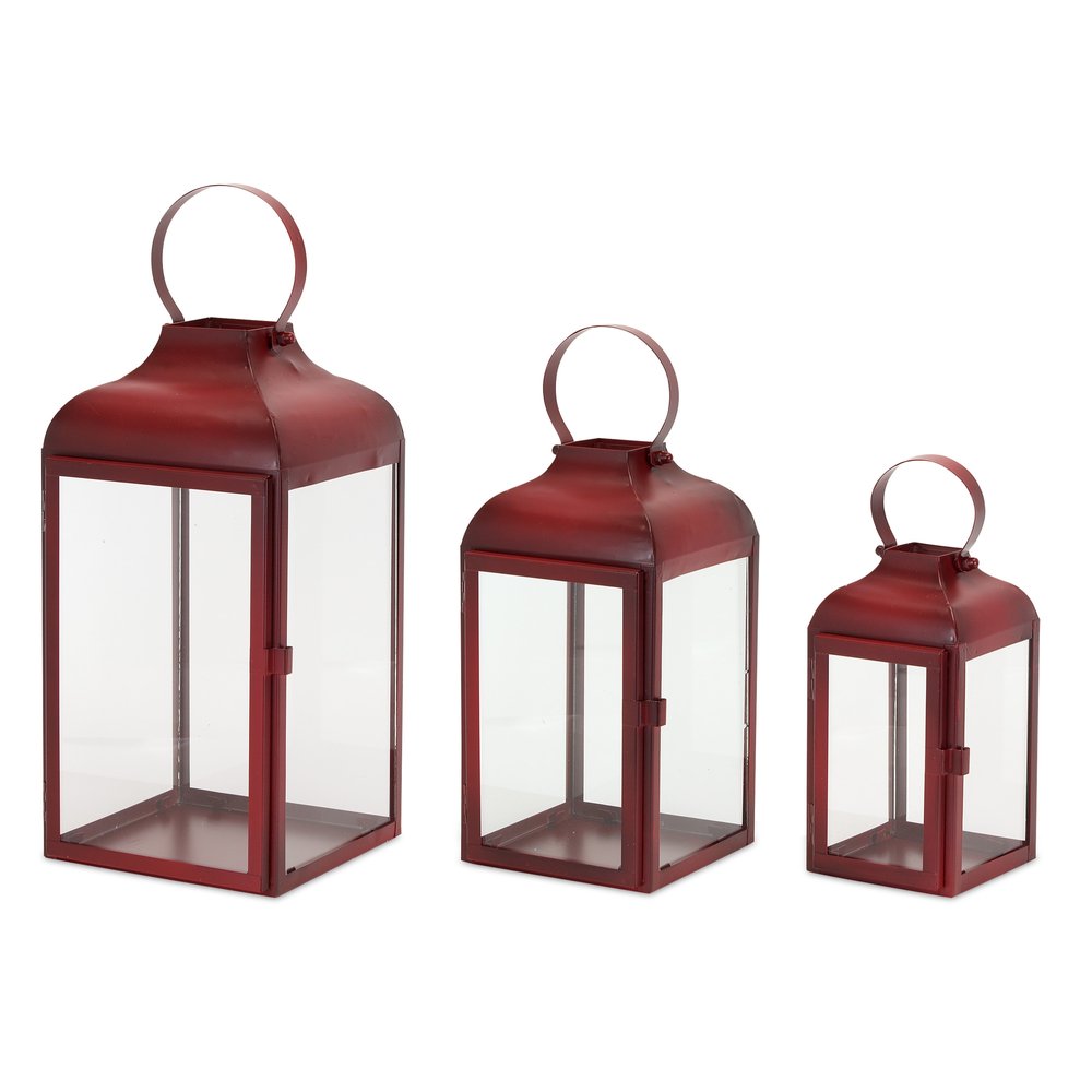Set of Two Red Distressed Iron Floor Lantern Candle Holders