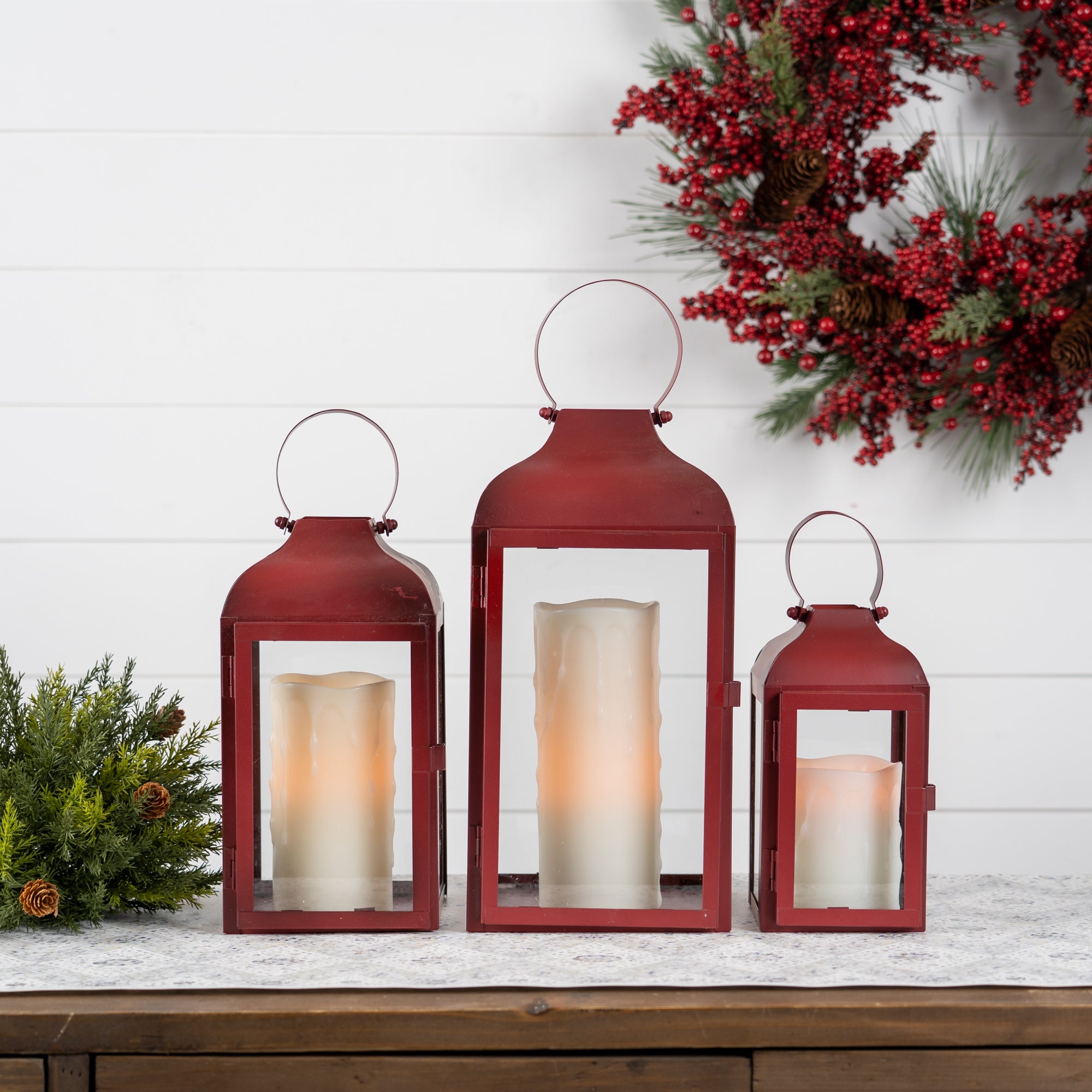 Set Of Two Red Flameless Floor Lantern Candle Holder