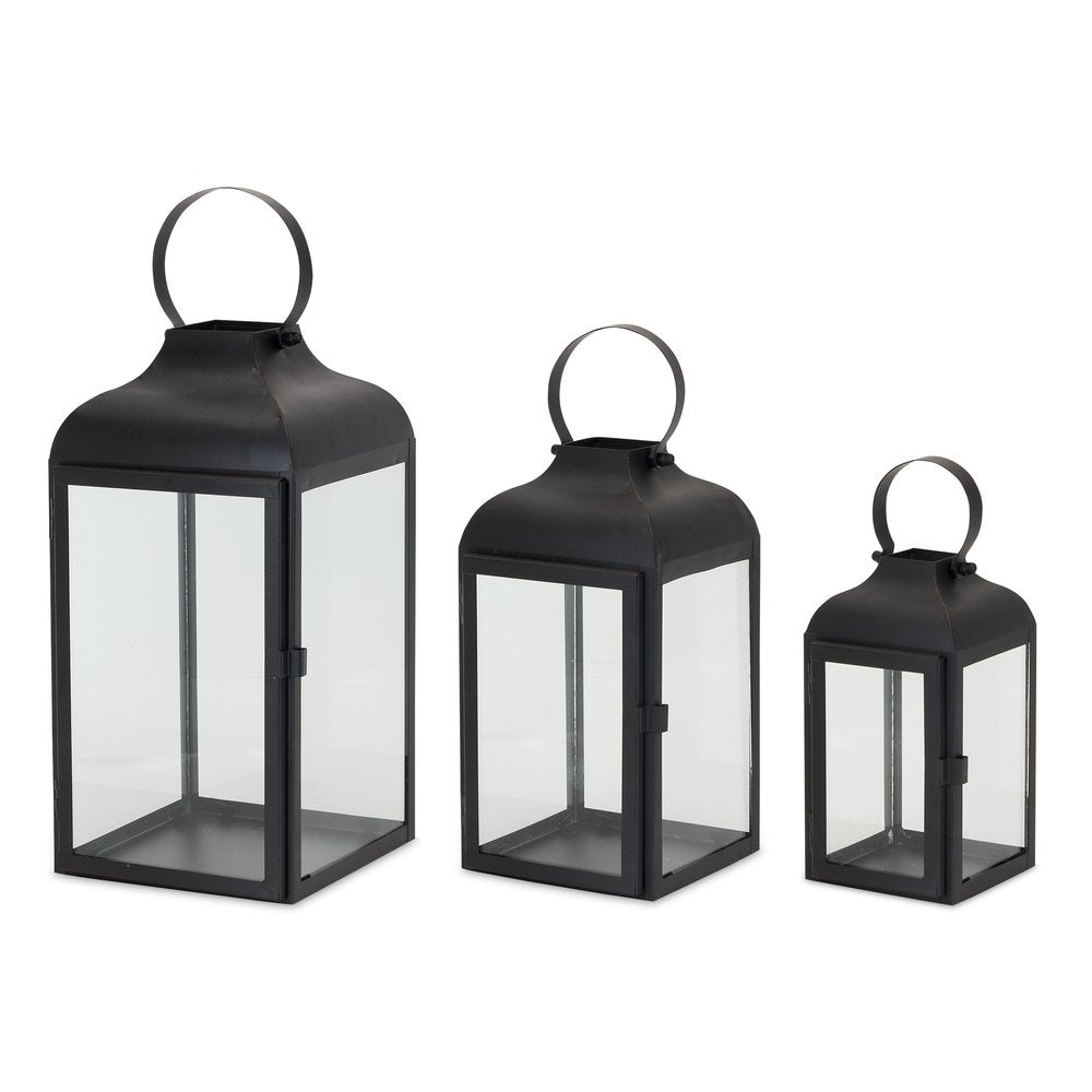Set of Two Black Distressed Iron Floor Lantern Candle Holders