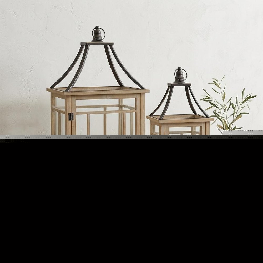 Set of Two Brown And Black Distressed Geometric Wood And Metal Tabletop Lantern Candle Holders