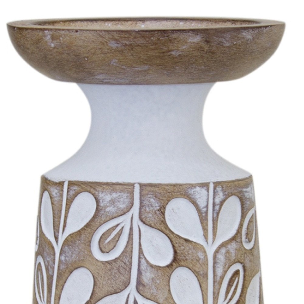 Set of Three Brown And White Botanical Leaf Stone Powder Tabletop Pillar Candle Holders