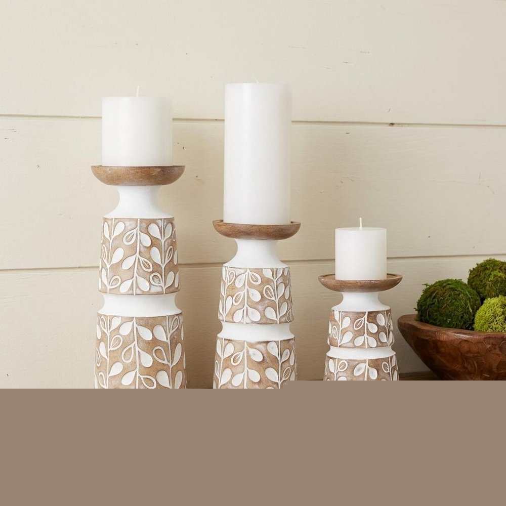 Set of Three Brown And White Botanical Leaf Stone Powder Tabletop Pillar Candle Holders
