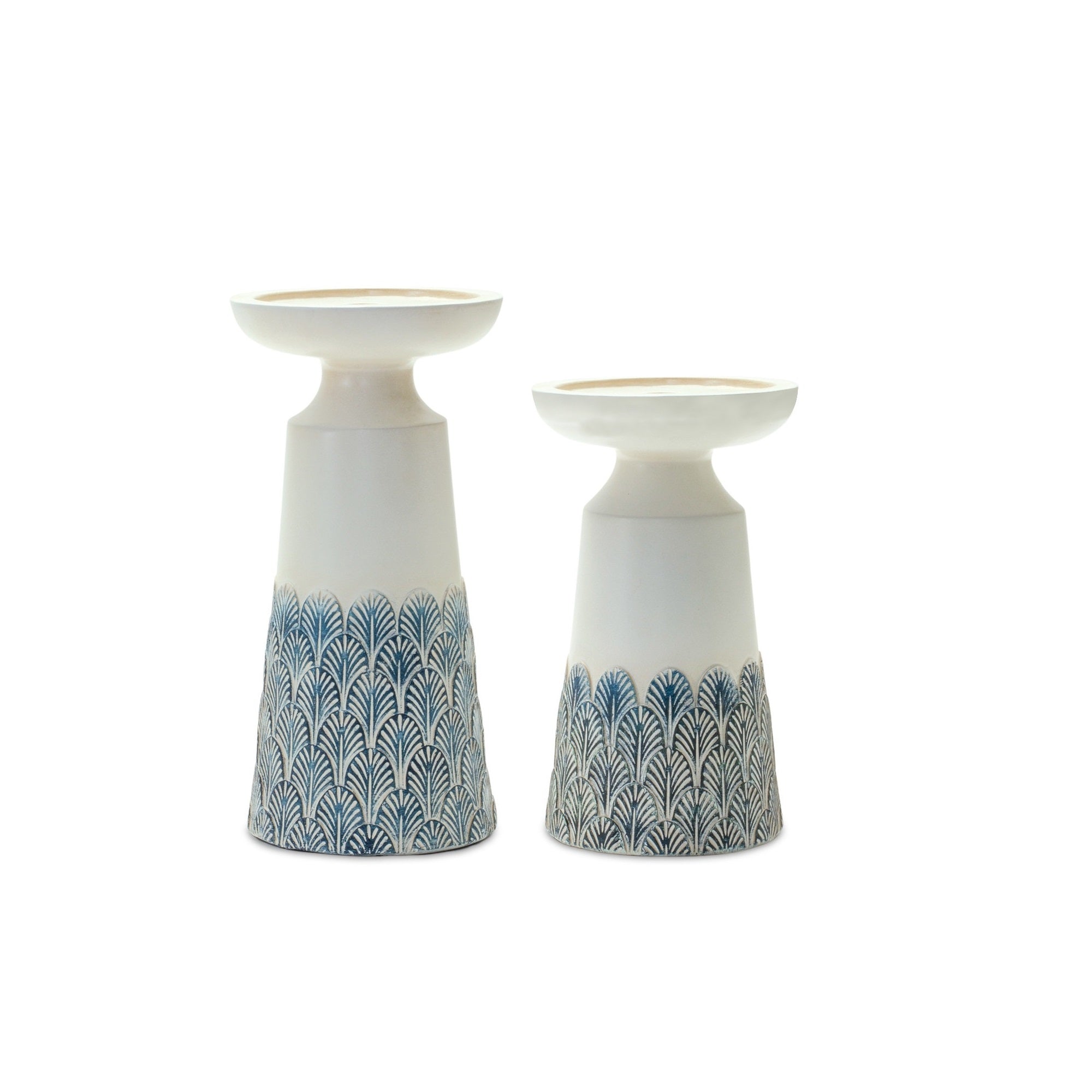 Set of Two White and Blue Tabletop Pillar Candle Holders