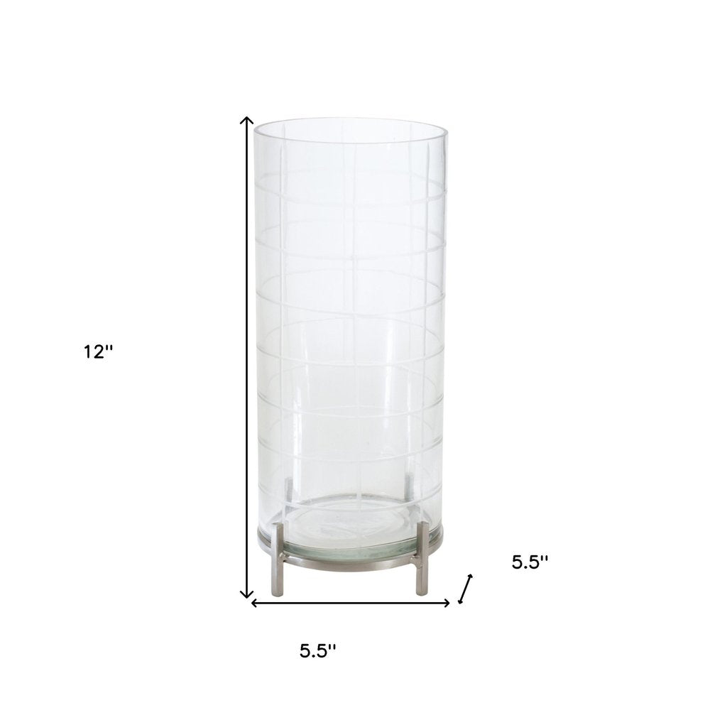 12" Silver And Clear Geometric Iron And Glass Tabletop Hurricane Candle Holder