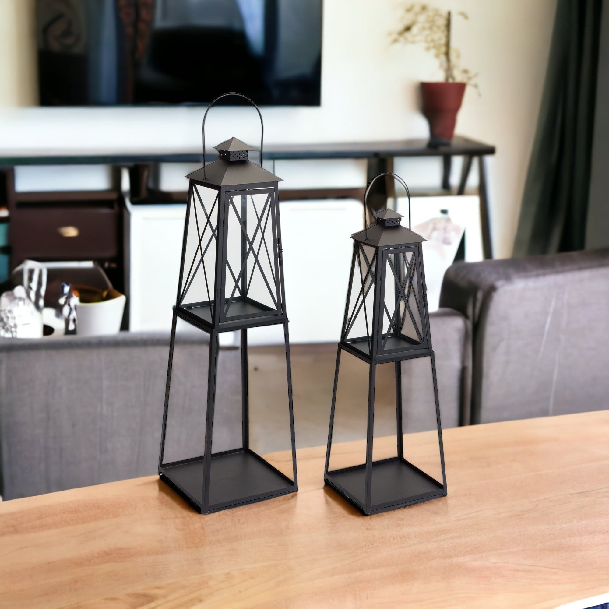 Set of Two Black Iron Ornate Tabletop Lantern Candle Holders