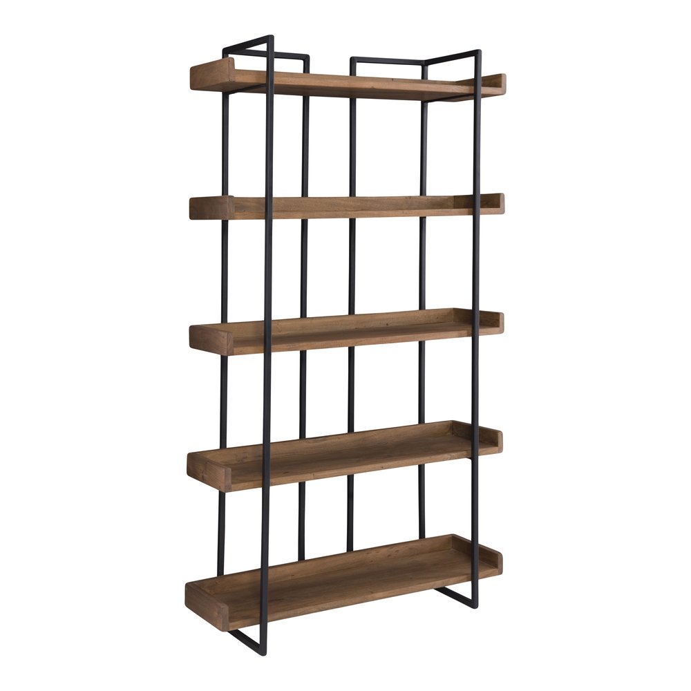 75" Black And Brown Metal and Wood Five Tier Bookcase
