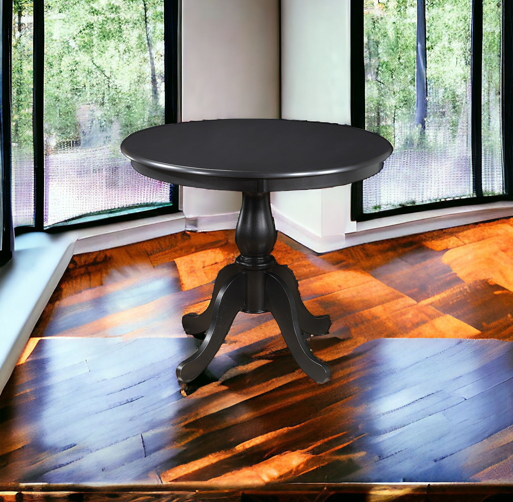 36" Black Rounded Solid Manufactured Wood And Solid Wood Pedestal Base Dining Table