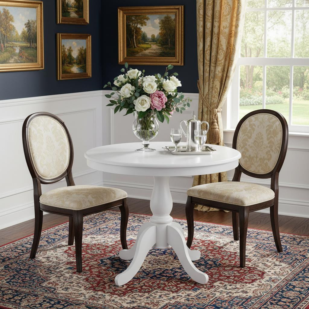 36" White Rounded Solid Manufactured Wood And Solid Wood Pedestal Base Dining Table