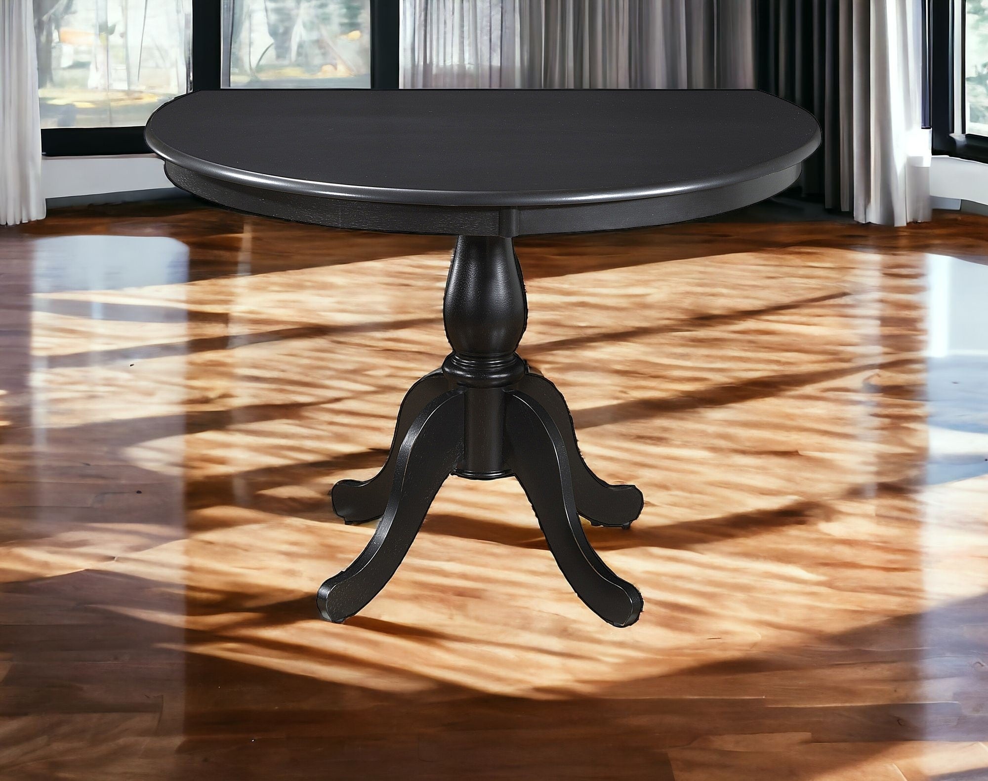 42" Black Rounded Solid Manufactured Wood And Solid Wood Pedestal Base Dining Table