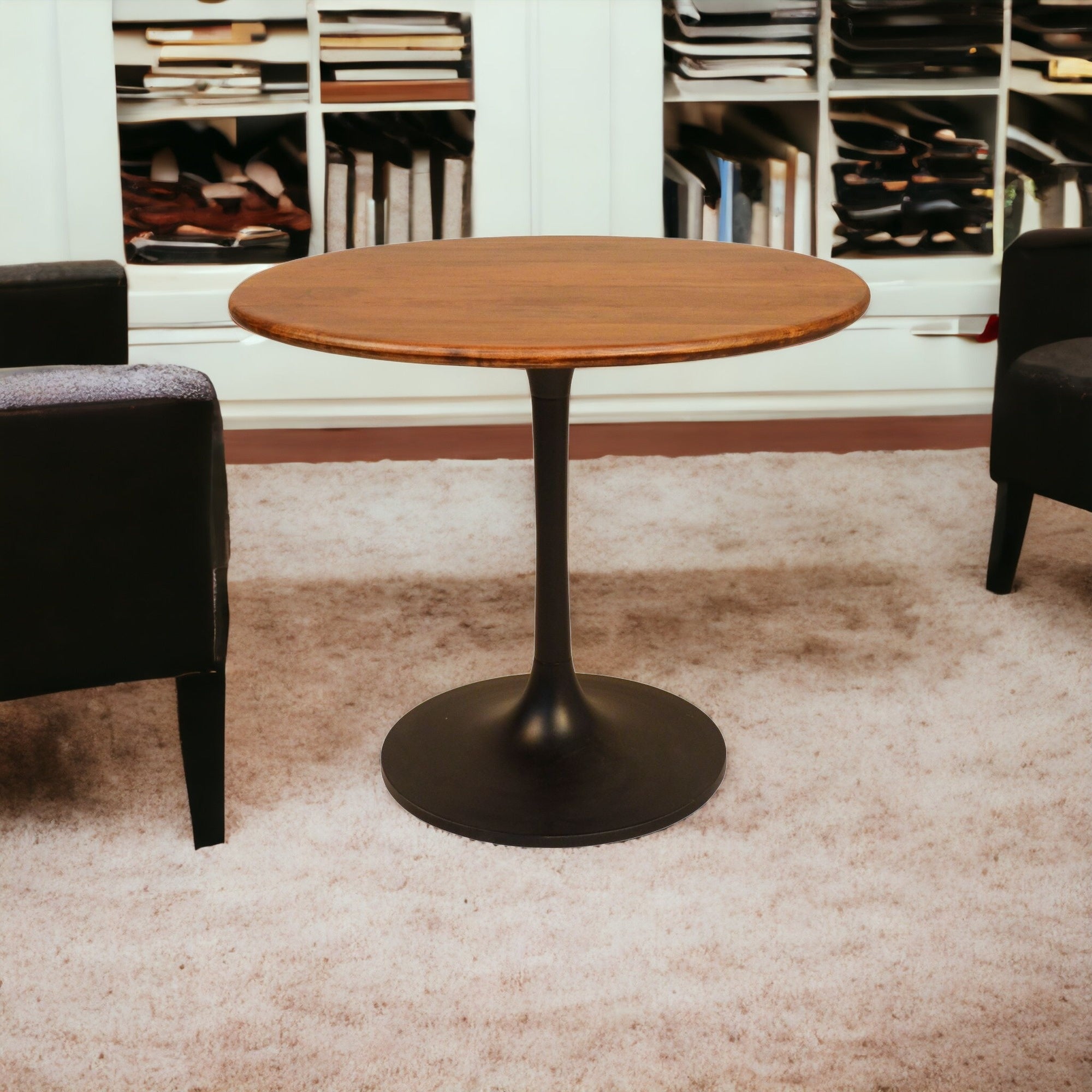 30" Brown And Black Rounded Solid Wood And Iron Pedestal Base Dining Table