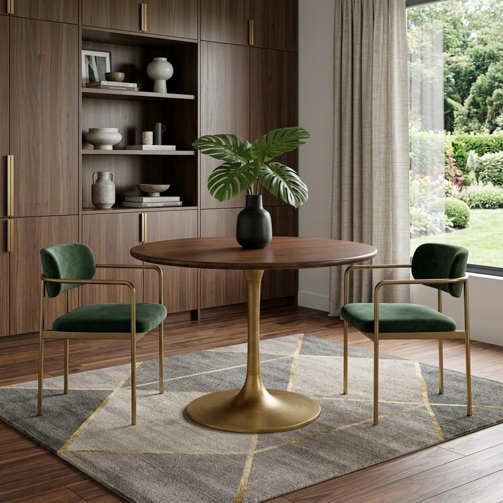 36" Brown And Gold Rounded Solid Wood And Iron Pedestal Base Dining Table