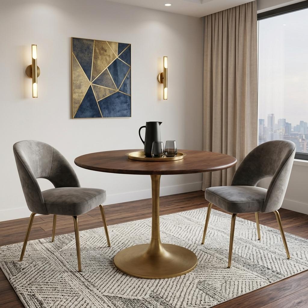 40" Brown And Gold Rounded Solid Wood And Iron Pedestal Base Dining Table