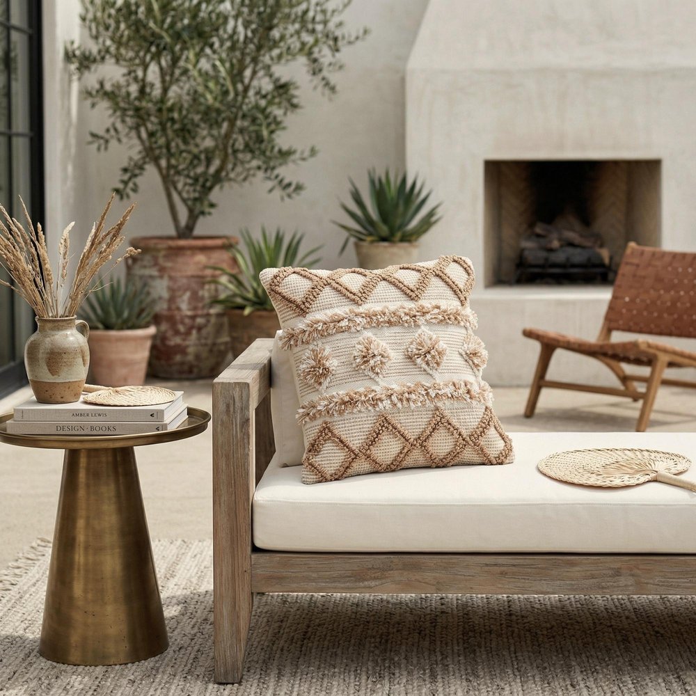 20" X 20" Tan Zippered Geometric Indoor Outdoor Throw Pillow