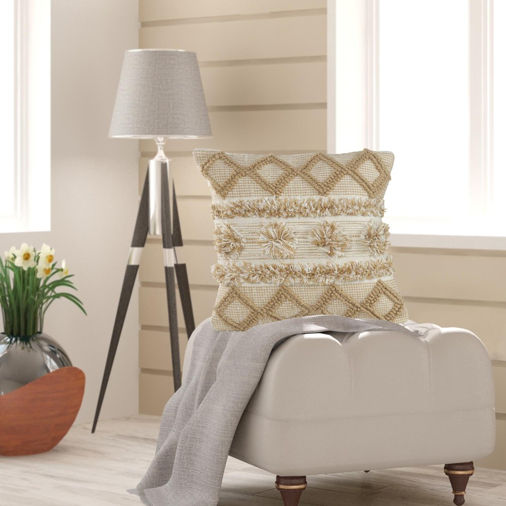 20" X 20" Tan Zippered Geometric Indoor Outdoor Throw Pillow